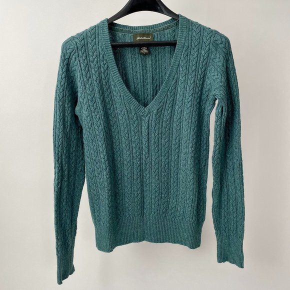 Green Cashmere Blend Eddie Bauer Cable Knit V Neck Sweater, Size S - Picture 1 of 5